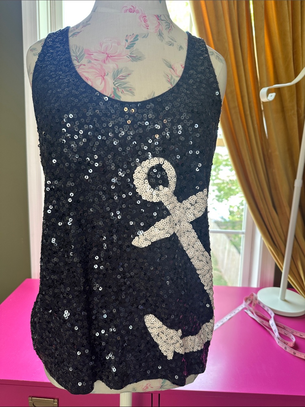 J. Crew Black Sequin Tank with Silver Anchor